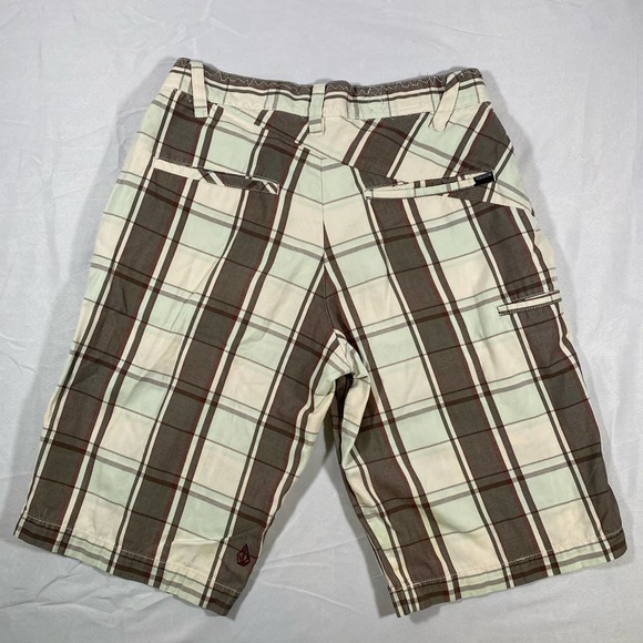 Volcom Stone Shorts Men 28 Brown Cream Light Blue Plaid Chino - Picture 6 of 9